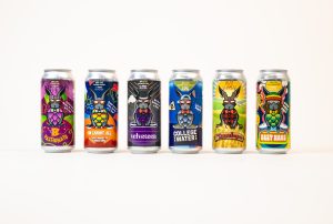 six uniquely colored beer cans lined up on a white background. 