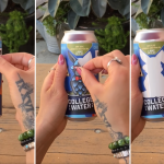 a series of beer cans being held by a woman